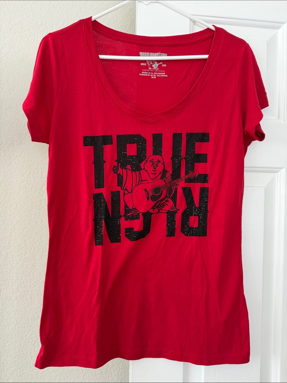 True Religion Red V-Neck Graphic Tee with Black Print